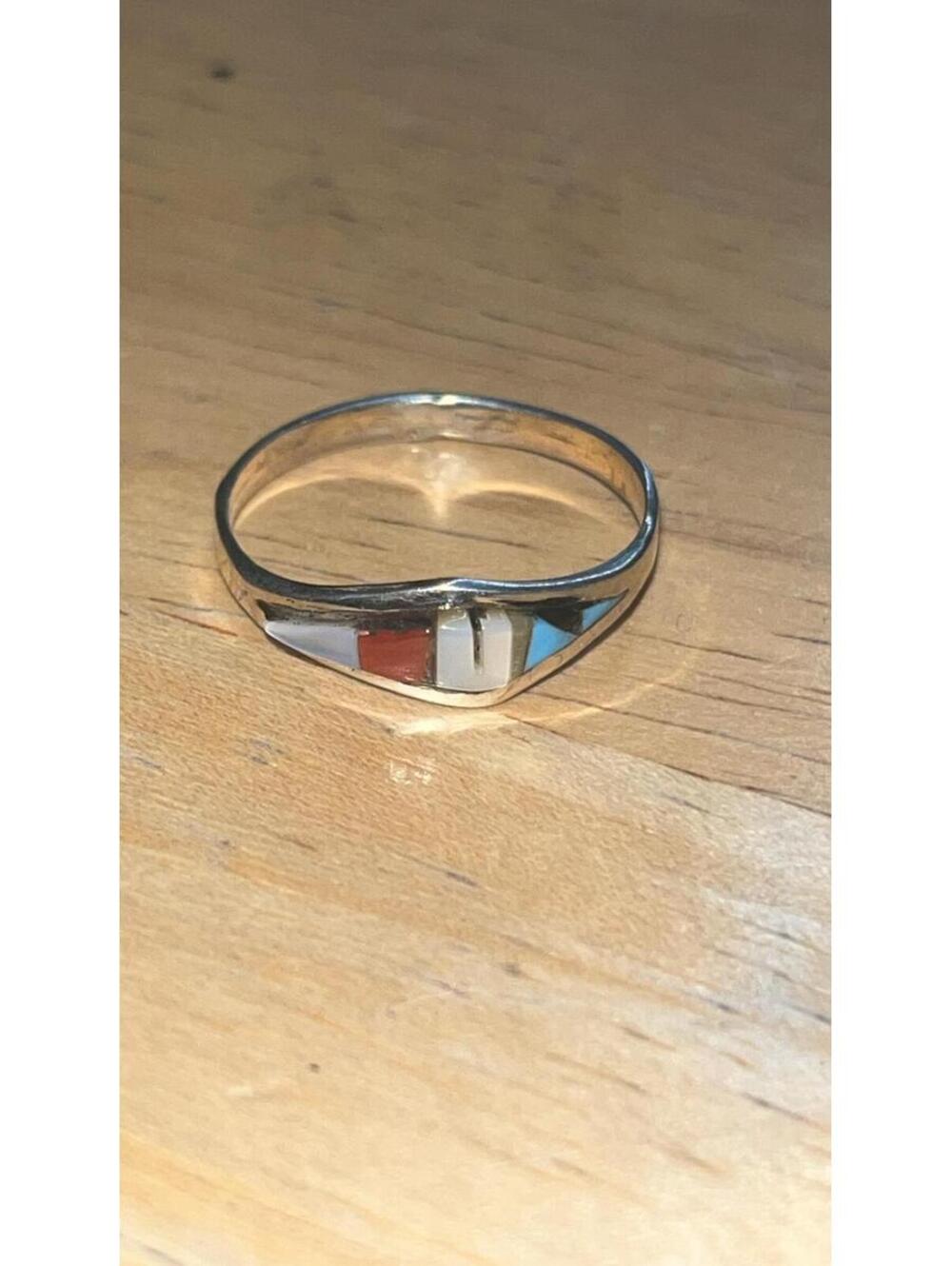 Zuni sterling silver turquoise coral inlay traditional ring size 7.5 -Clinton